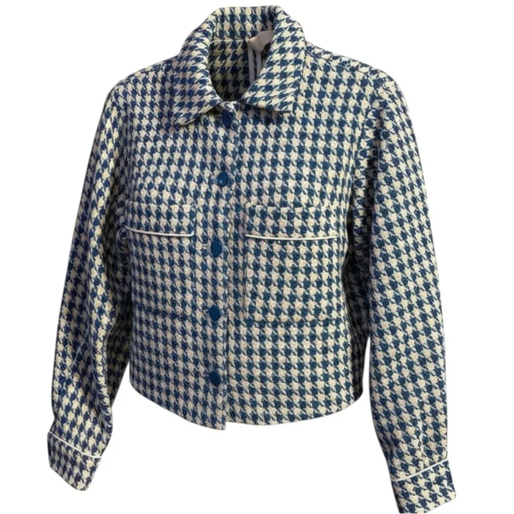 Anthropologie Blue and White Houndstooth Blazer